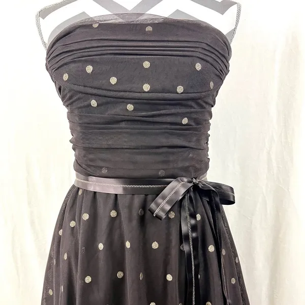 BCBGMaxAzria Dark Brown Gold Swiss Dot Strapless Party Dress - Size M - Image 6
