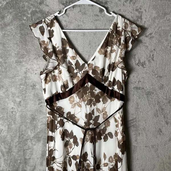 Vintage Y2K Earthy Brown Floral Bohemian Midi Dress‎ Tie Waist Large - Image 2
