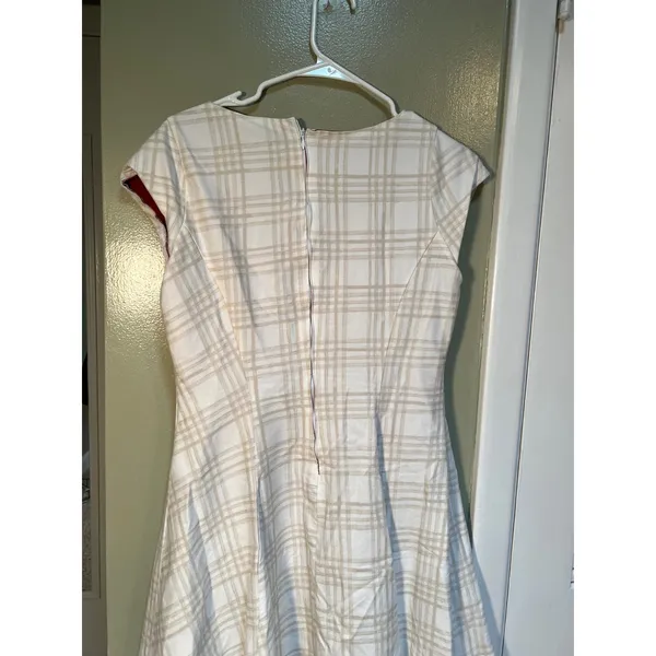 Women's Midi A-Line Dress White Beige Plaid Red Lined Split Neck Cap Sleeve Zip - Image 8