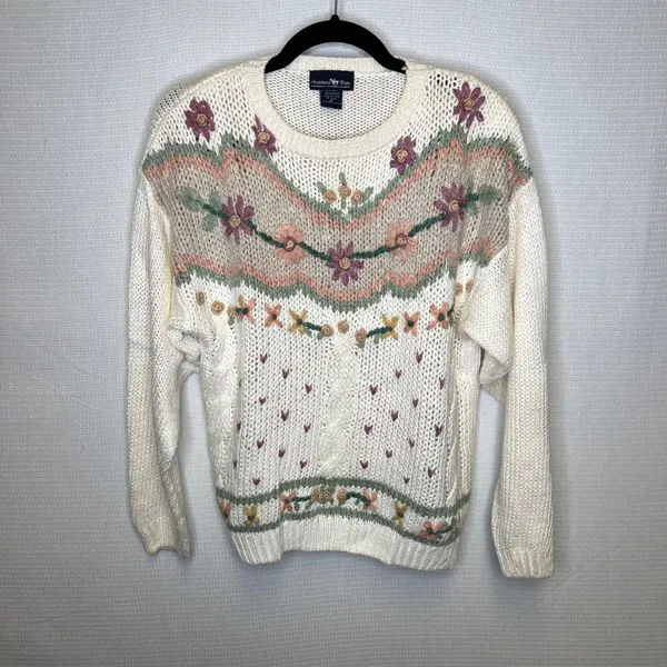 Hunters Run Vintage Floral Embroidered Knit Sweater Cream Ramie Blend Womens M‎ - Image 2