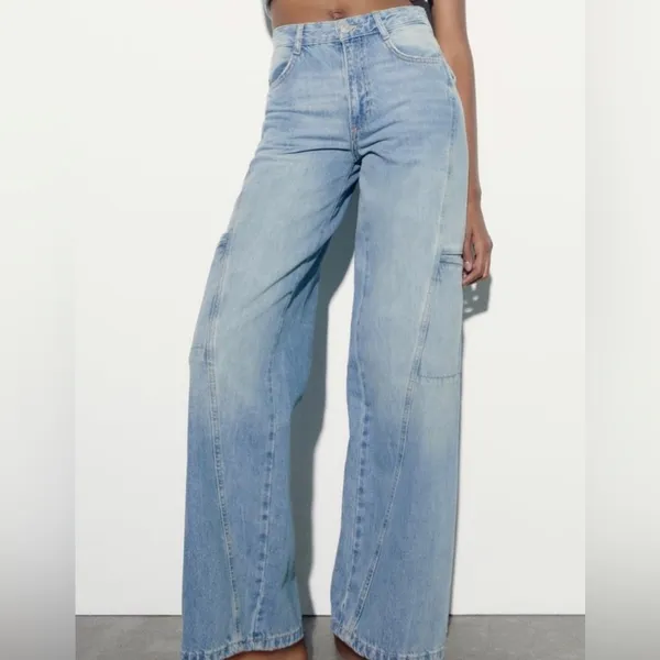 Zara Wide Leg Legged Pants‎ Denim Jeans Size Cargo Y2K Festival - Image 6