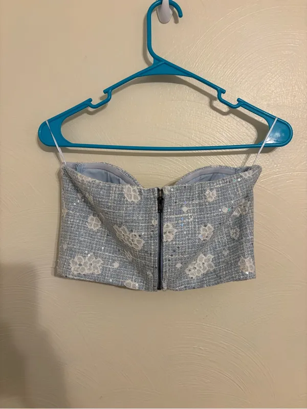 LENA Blue Tweed Floral Sequin Corset Bustier Top & Pleated Skirt Set S - Image 12