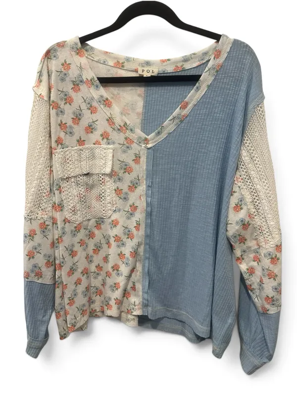 L POL Light Blue and Floral Patchwork V-Neck Top - Image 2