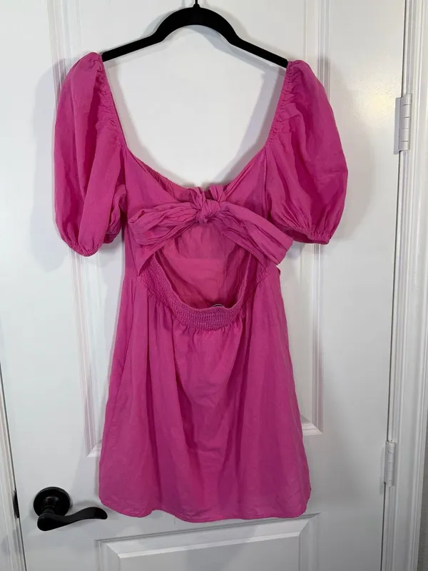 Hello Molly Best Weekend Pink Puff Sleeve Tie Back Mini Dress Size 4 - Image 5