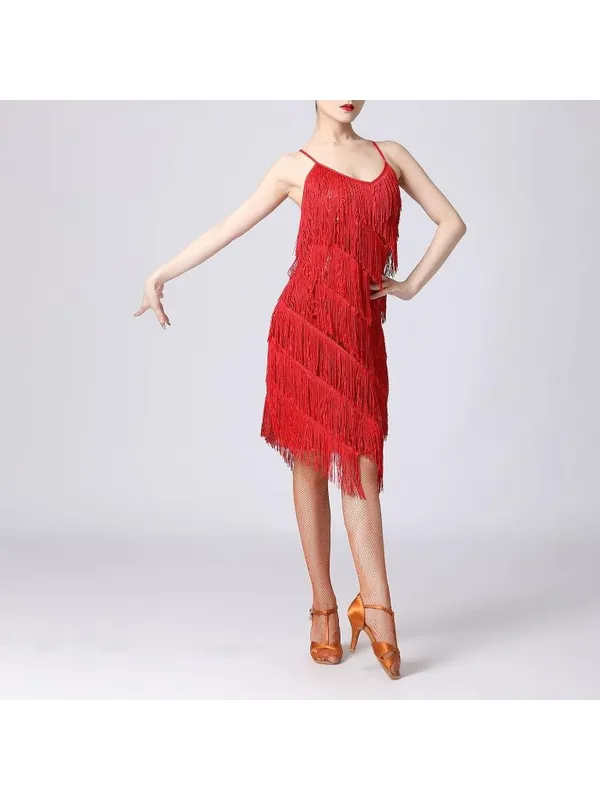 Women Salsa Latin Dance Dress Sequin Tassel Fringe Flapper Dress 1920s Costume S - Image 6