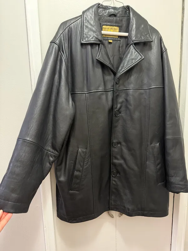Boston Harbour Men's Black Leather Button Overcoat Quilted Lined Point Collar - Image 2