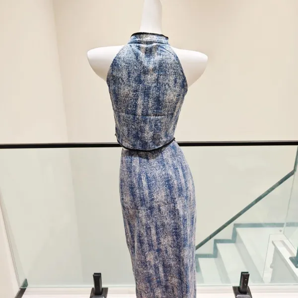 Women Two Piece Cheongsam Outfit Halter Neck Top & Midi Skirt Set Embroidery Frog Button Slit Skirt - Image 4