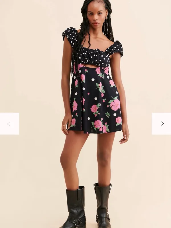 Free People Mixed Print Bom Bom Floral Cutout Mini Dress Black L - Image 2