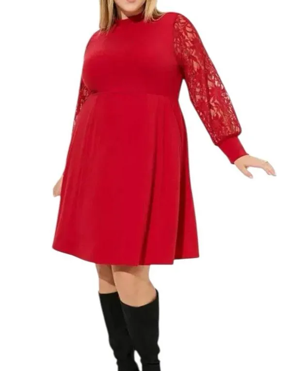 NWT Torrid Red At The Knee Jersey Lace Sleeve Mock Neck Skater Dress Size 1X - Image 2
