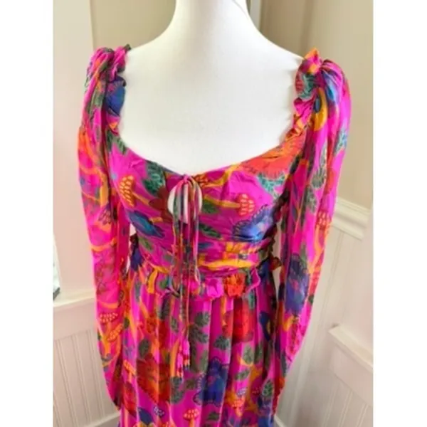 Farm Rio Sweet Forest Tiered Maxi Dress in Vibrant Pink Tropical Print Small - Image 13