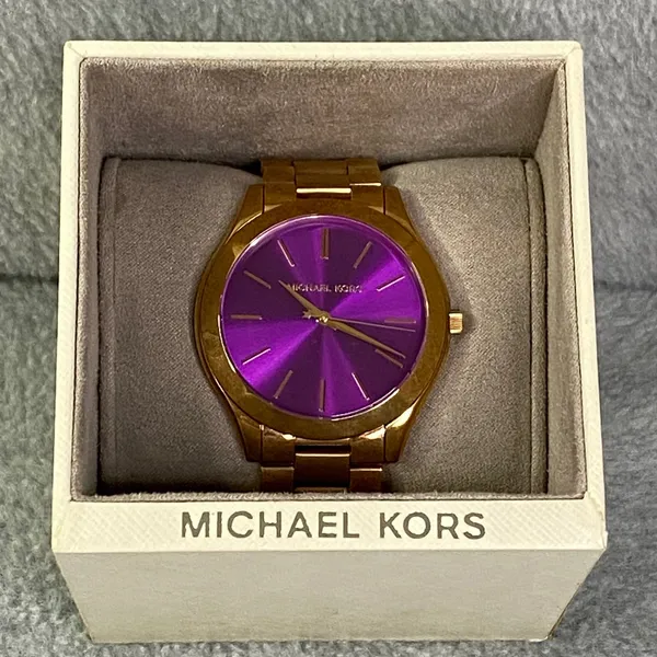 Michael Kors Watch Women Rose Gold Purple Slim Runway MK-3293 Luxe Chic EUC - Image 5