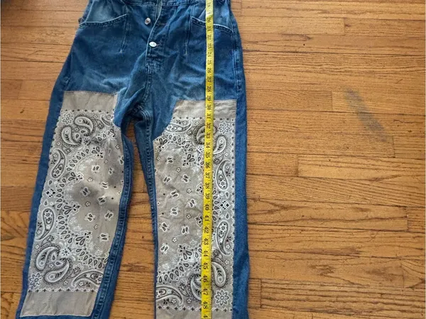 We The Free Blue Denim Short-Sleeve Jumpsuit with Tan Bandana Panels - Image 14