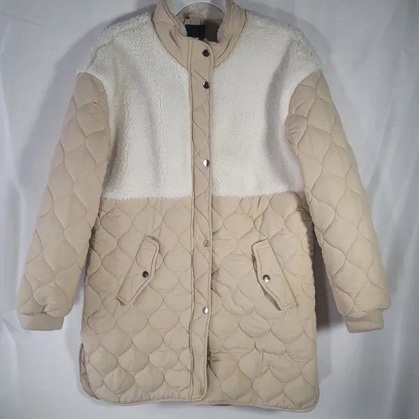 Me Jane Women's Quilted Jacket Sherpa Fleece Teddy Midi Coat Jacket Beige Large - Image 9