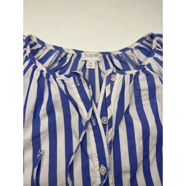 J.Crew Blue White Striped Blouse Tie Neck Puff Sleeve Coastal Chic - Image 5