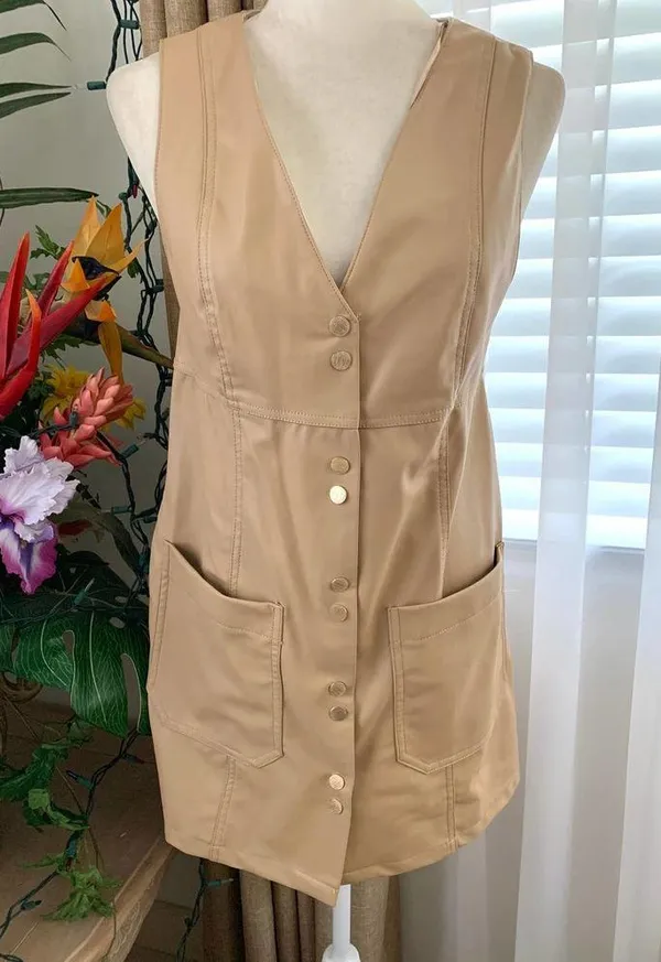Zara FAUX LEATHER MINI PINAFORE DRESS in Beige - Image 5