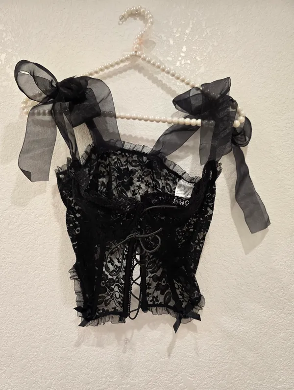 Lace Sheer Corset Top Ribbon Straps Black L - Image 4
