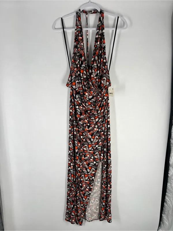 Free‎ People Daria Maxi Dress in Black Orange White High Slit Wrap S NWT - Image 3