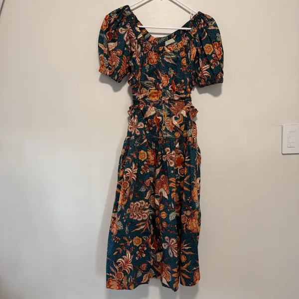 Ulla Johnson Golda Orange Floral-Print Cut-Out Cotton-Poplin Midi Dress‎ - Image 4