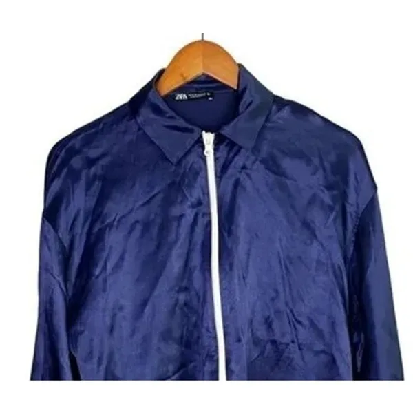 Zara Long Sleeve Satin Effect Crop Track Jacket Stretch Pockets M Sapphire Blue - Image 3