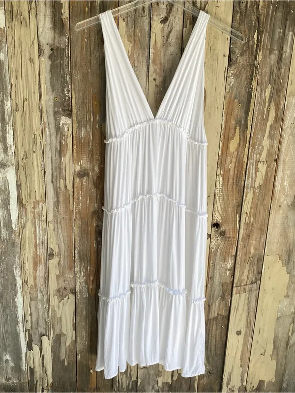 Raviya white deep V tiered maxi dress swim cover up beachwear vacation M - Image 5