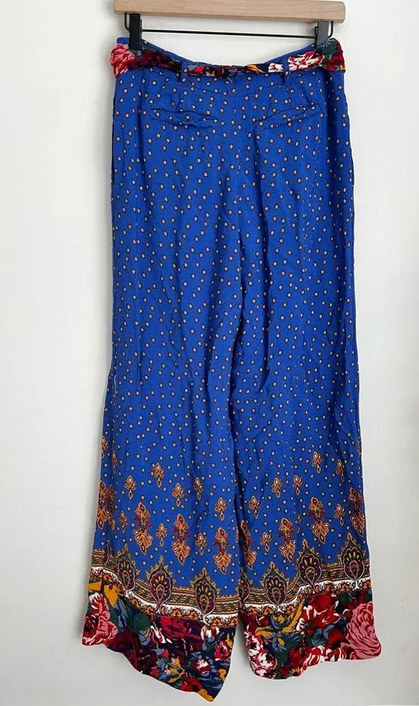 Anthropologie Ett Twa Printed Wide Leg Floral Pants Royal Blue 6 - Image 3