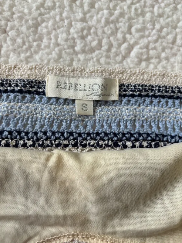 Rebellion Boho Y2K Geometric Crochet Crop Tank Cami Top Blue Cream Size Small - Image 7