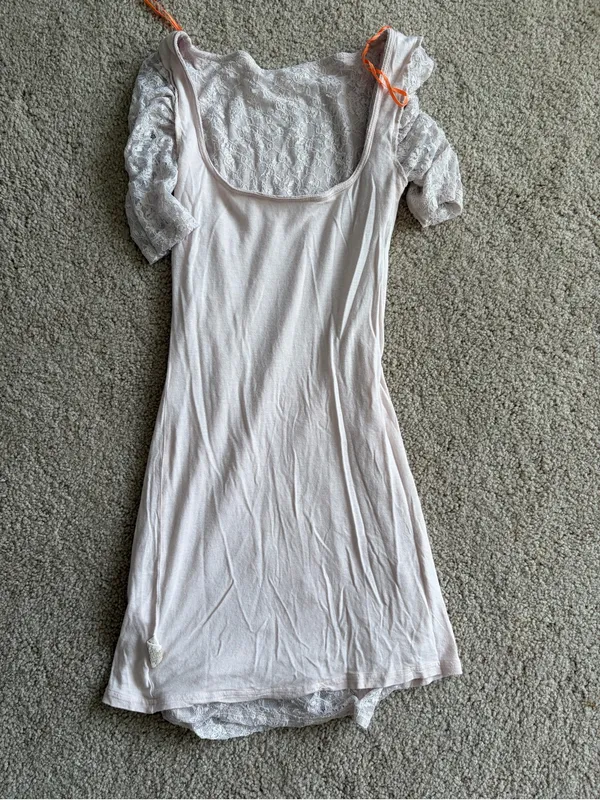Free People y2k White Lace Mini Dress Square Neck 3/4 Sleeve Boho Romantic Sz xs - Image 7