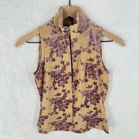 GUIHUA Floral Burnout Velvet Half Zip Mock Neck‎ Sleeveless Top Fairy Feminine - Image 2