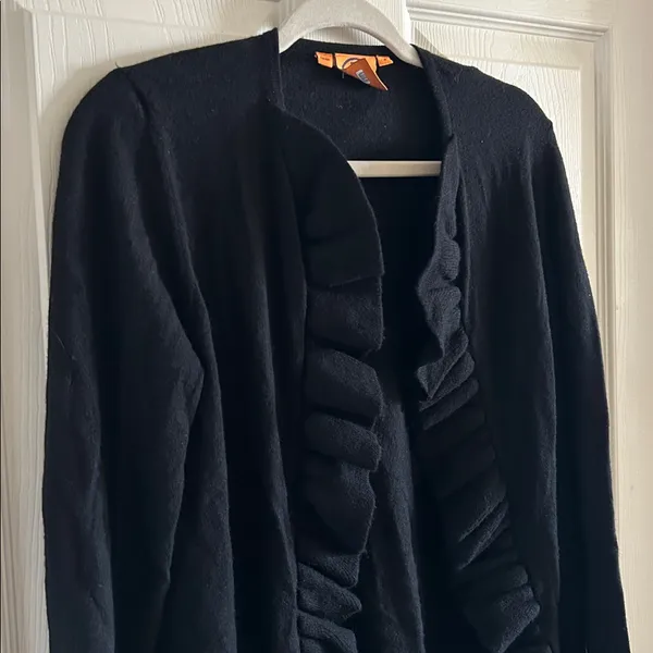 Tory Burch Black Merino Wool Ruffle Trim Open‎ Front Cardigan Sweater Sz Med - Image 2