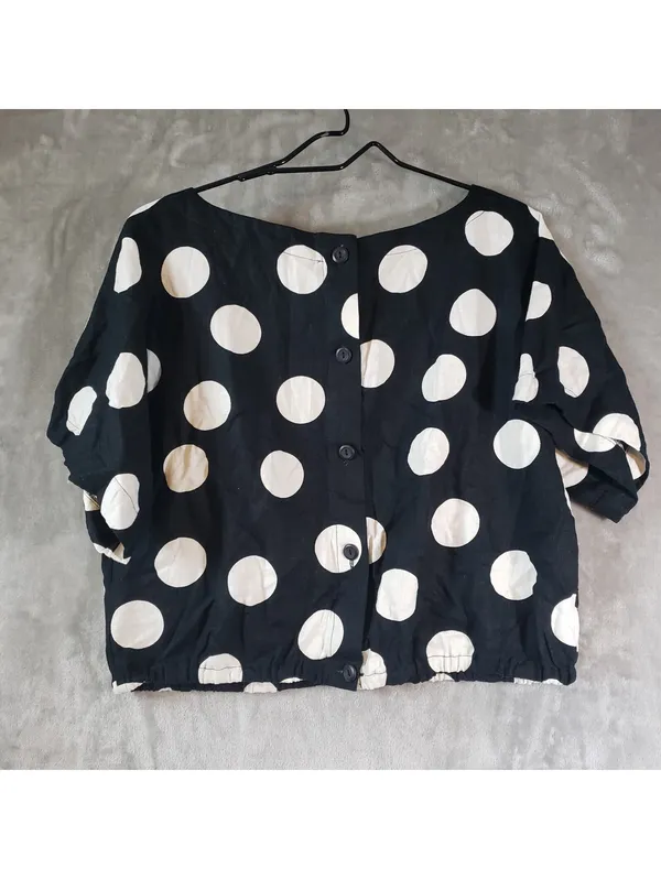 Tabitha Brown Polka Dot Woven Linen Rayon Button Back Blouse Size L Black Size L - Image 2