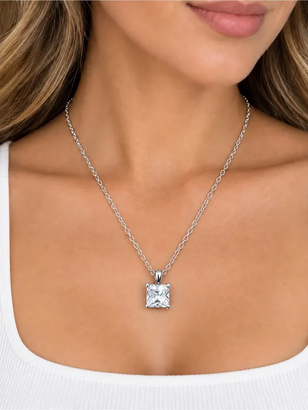 Estate FAS Thai Sterling Silver Princess Cut CZ Solitare Pendant SS Plate Chain - Image 2