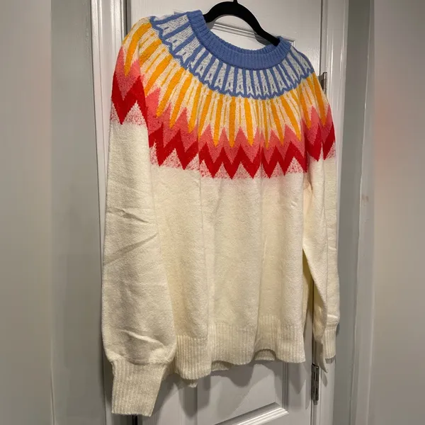 NWT French Connection Colorful Cream Fair Isle Knit Sweater Crew Neck Size XL - Image 3