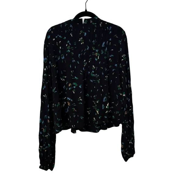 Ganni Black Blue Floral Mock Neck Pleated Crepe Top Blouse Size EU 42 US Large - Image 4