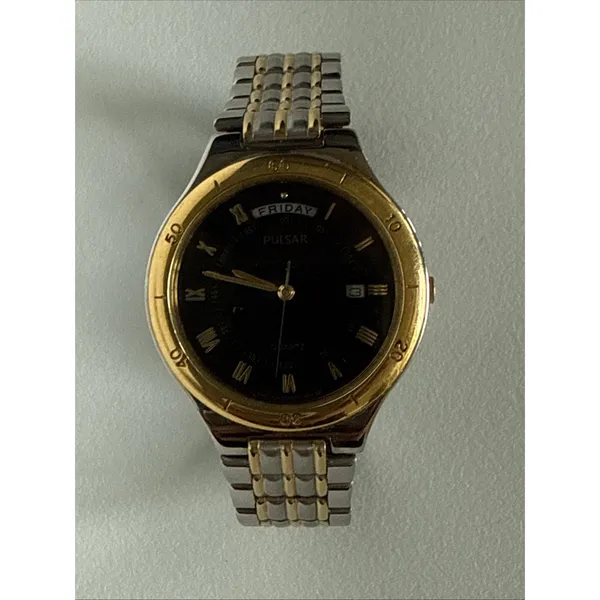 Vintage PULSAR V544-7A10 Two-Tone Quartz Analog Men's Watch Need Battery - Image 9
