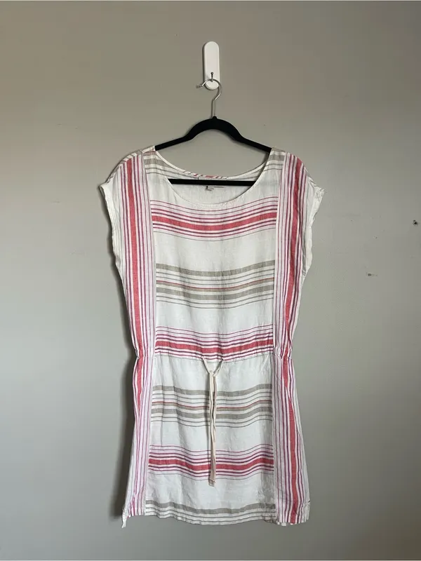 LOFT | White Striped 100% Linen Drawstring Waist Mini Dress Sz S - Image 2