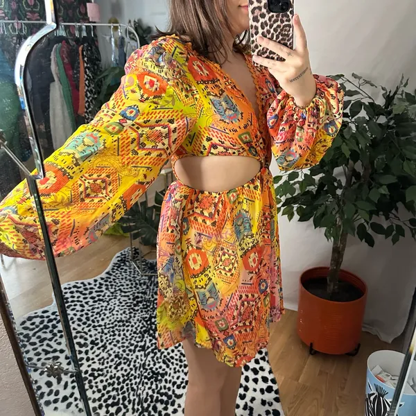 Plunge V-Neck Long Sleeve Cut Out Mini Dress Yellow Orange - Image 5