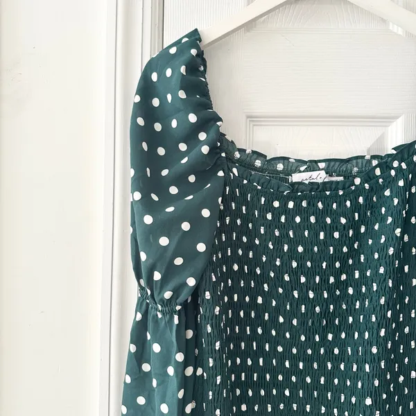 Petal & Pup Green White Polka Dot Smocked Bodycon Midi Dress Puff Sleeve US 10 - Image 7