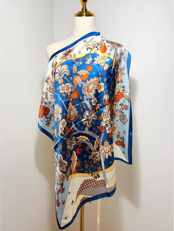 Elegant Blue Scarf with Orange and Beige Floral Pattern, Versatile Square - Image 2