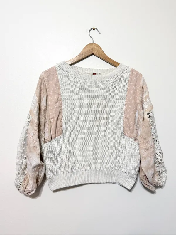 Anthropologie Pilcro Martine Peasant-Sleeve Sweater Boho Blush Medium Patchwork - Image 2
