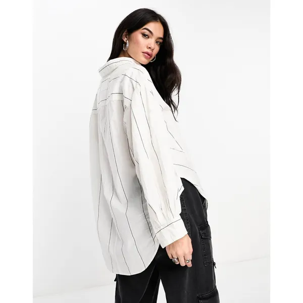 Free People Oversized Happy Hour Stripe Button Down Top White Black Small Preppy - Image 6