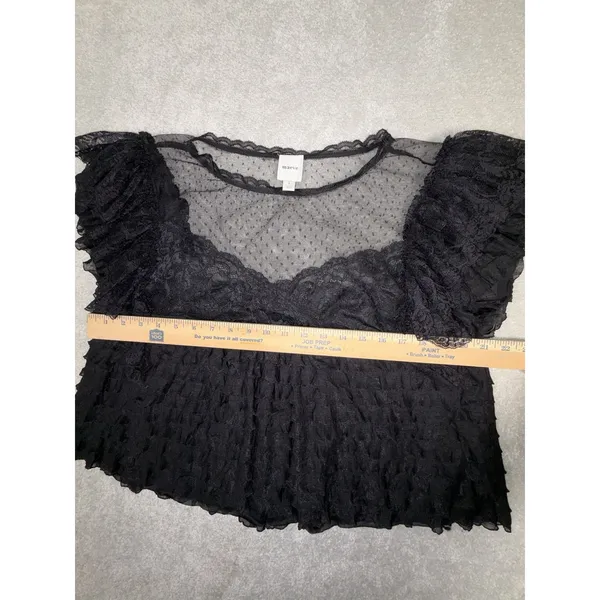 Maeve Anthropologie Black Ruffled Tulle Lace Blouse Sheer Polka Dot Mesh Top L - Image 7