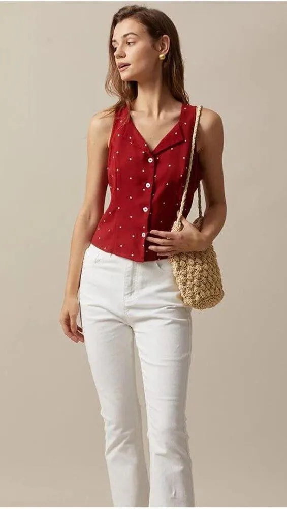 RIHOAS The Red V Neck Polka Dot Print Sleeveless Vest S - Image 4