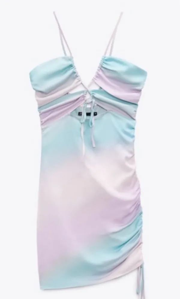 Zara Pastel Tie Dye Satin Ruched Cut Out Mini Dress Size M - Image 4