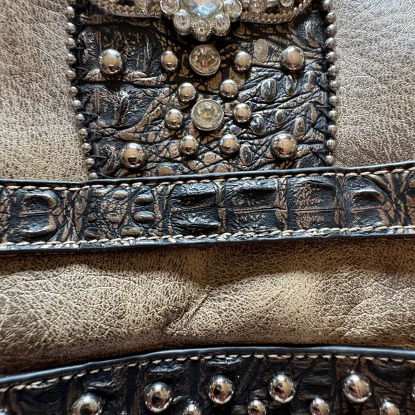 Western Rhinestone Buckle Crossbody Bag Studded Faux Croc Distressed Brown Bling - Image 9
