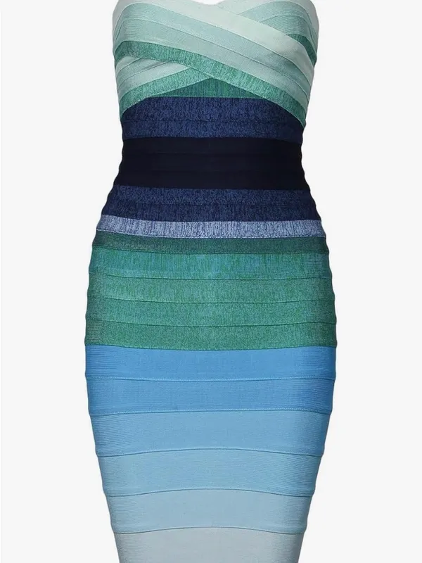 Strapless Multicolor Bandage Dress - Green & Blue Stripe - Image 5