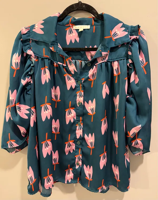 Karlie Poppy Floral Print Button Front Ruffle Detail Puff Sleeve Top Teal - Image 5