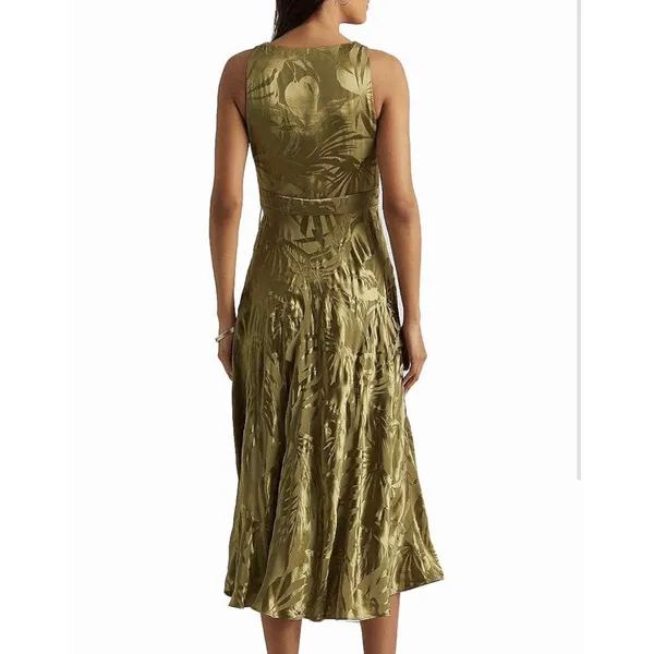 Lauren Ralph Lauren 12 Olive Green Botanical Jacquard Lace-Up Maxi Dress - Image 2