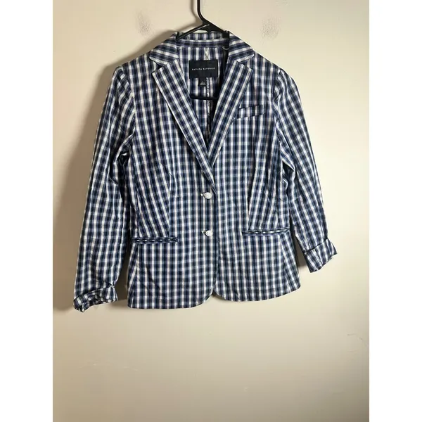 Banana Republic Womens Blue Plaid Cotton Blazer Jacket Crest Button Unlined S‎ - Image 2