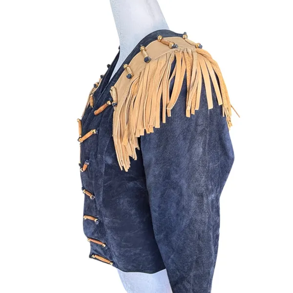 Vintage Black Suede Tan Fringe Military Jacket‎ Small Western Rocker Leather - Image 4