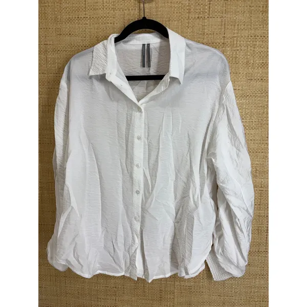Anthropologie Ruched Sleeve Smocked Cuff Button Down Shirt Women Medium White - Image 2